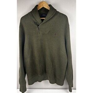 Polo Ralph Lauren Shawl Collar Army Green Sweater mens L Elbow Patches Cotton